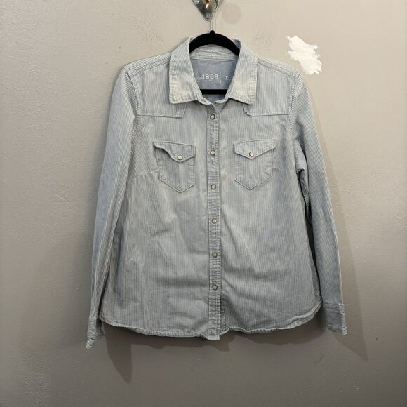 Gap 1969 Western Pin Stripe Denim Snap Button Shirt Lightwash Size XL - Picture 2 of 15